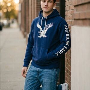 American Eagle Outfitters Men’s Navy Blue Hoodie with White Eagle Graphic